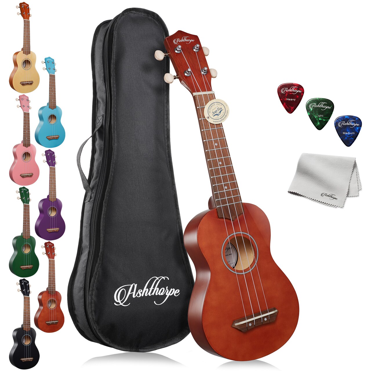 Ashthorpe Soprano Ukulele for Beginners, 21-inch 4 String Uke Starter Bundle Kit for Kids with Gig Bag, Cloth, and Picks